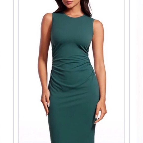 Banana Republic Forrest Green Ruched, Crewneck, Sleeveless Bodycon Dress. - Picture 5 of 12